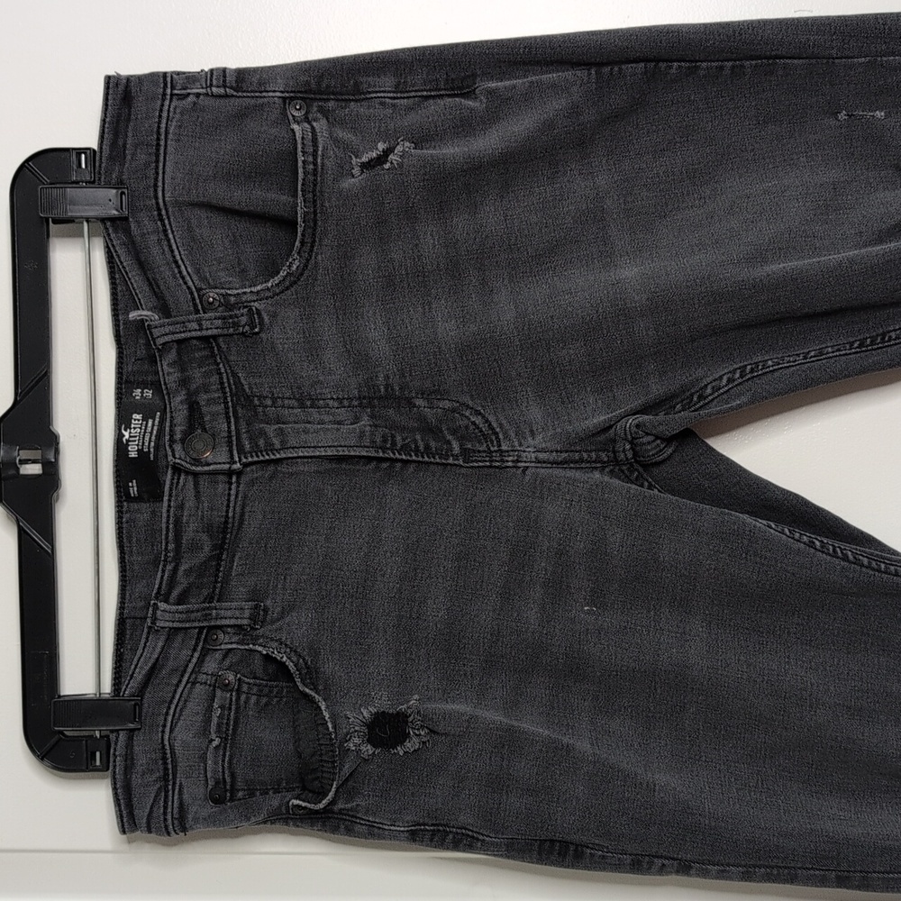 Hollister Stacked Skinny Jeans Black Distressed Red Plaid Knees 34x36 - Picture 2 of 12